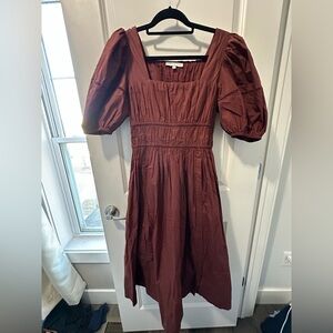 Ivy City Elegant Brown/Red Puff Sleeve Dress